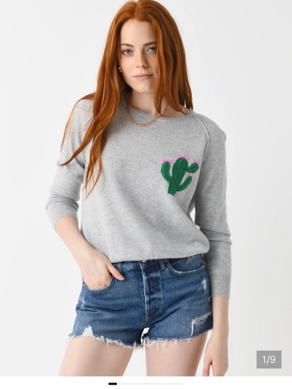 JUMPER1234 little cactus crew neck sweater in super grey multi